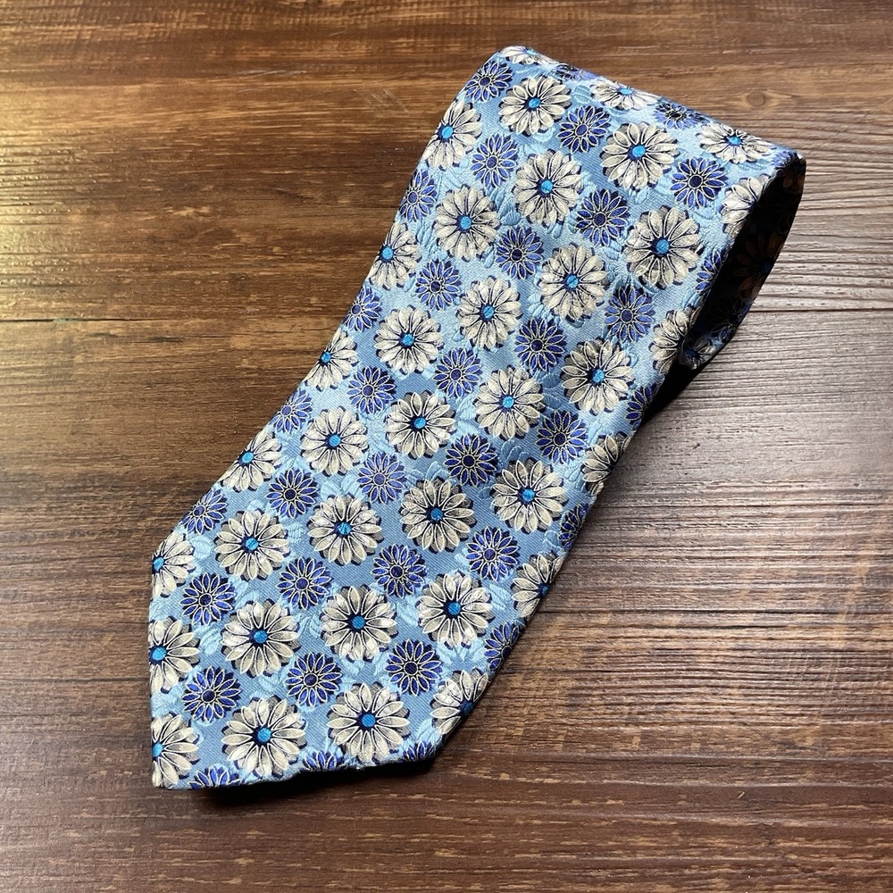Ermenegildo Zegna Disegno Exclusivo Silk Tie Blue White Floral Geometric Italy